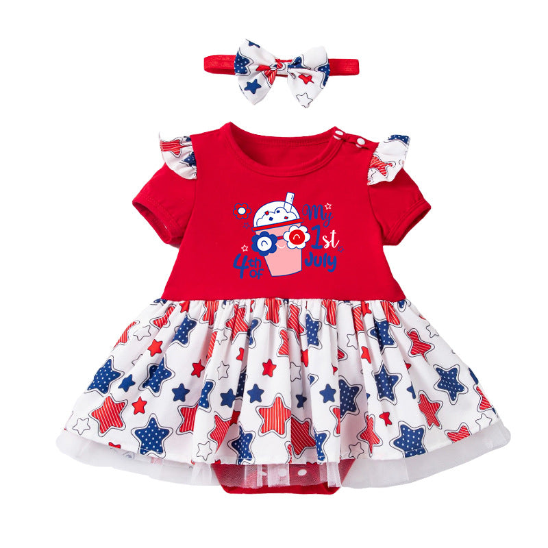 Baby Girl Party Dress Printed Short Sleeve Star Satin Spliced Bodysuit Dress Infant Romper Summer