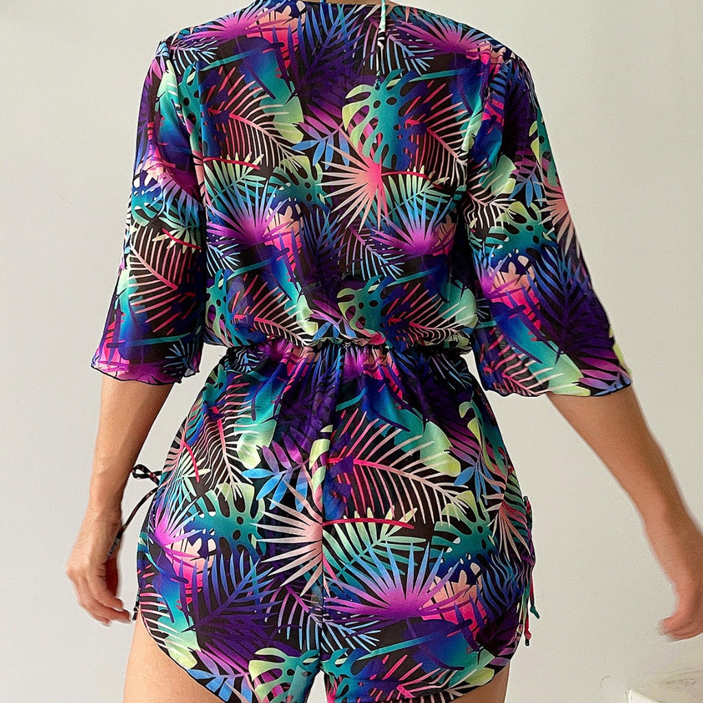 Deep V-long sleeved mesh jumpsuit printed neck tie bikini three piece set