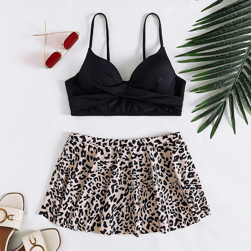 Two-Piece Bikini Set with Leopard Print Skirt Design for Cross-Border E-commerce