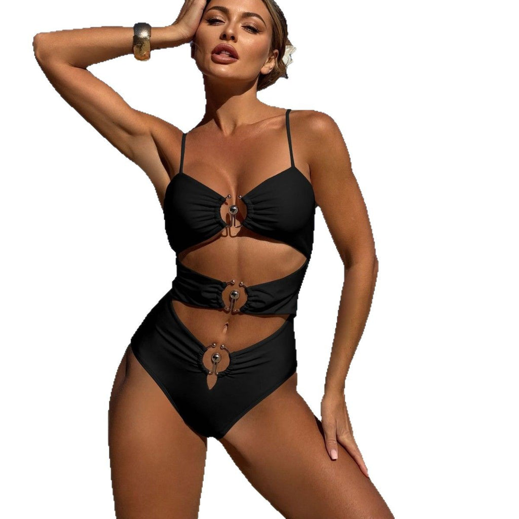 Metal Ring Stud Crop Top Bikini Hollow Out Bodysuit Swimwear