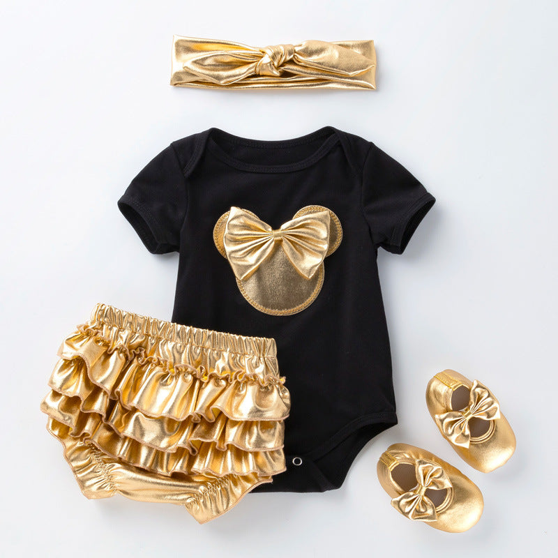 Exclusive Infant &amp; Toddler Outfit Set, Unisex Baby Cartoon Romper amp PP Pants 4-Piece Set, Princess Birthday amp; Celebration Party Wear