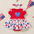 Baby Girl Party Dress Printed Short Sleeve Star Satin Spliced Bodysuit Dress Infant Romper Summer