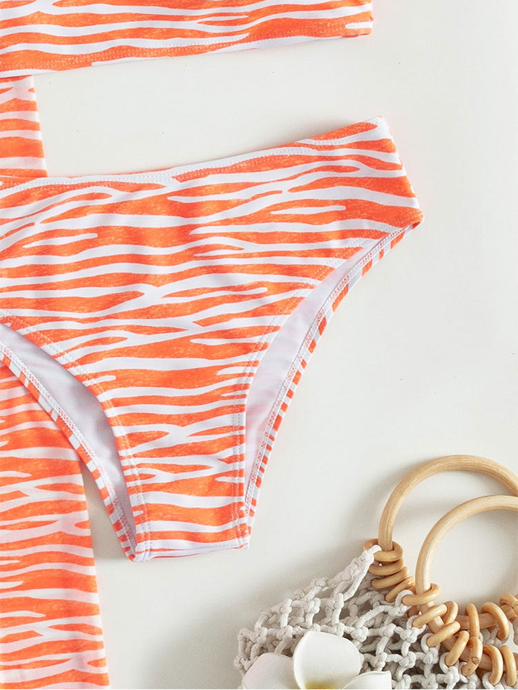 Sexy Three-Piece Bikini Swimwear with High-Slit Long Skirt, Striped Design