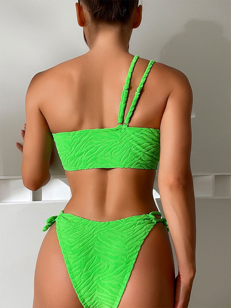 One-Shoulder Bikini Set High-Waisted Solid Color Two-Piece Swimwear for Women