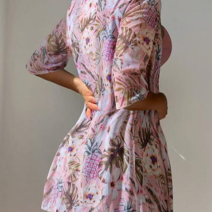 Flower print flat corner pants bikini mesh cardigan half sleeved cover up three piece set