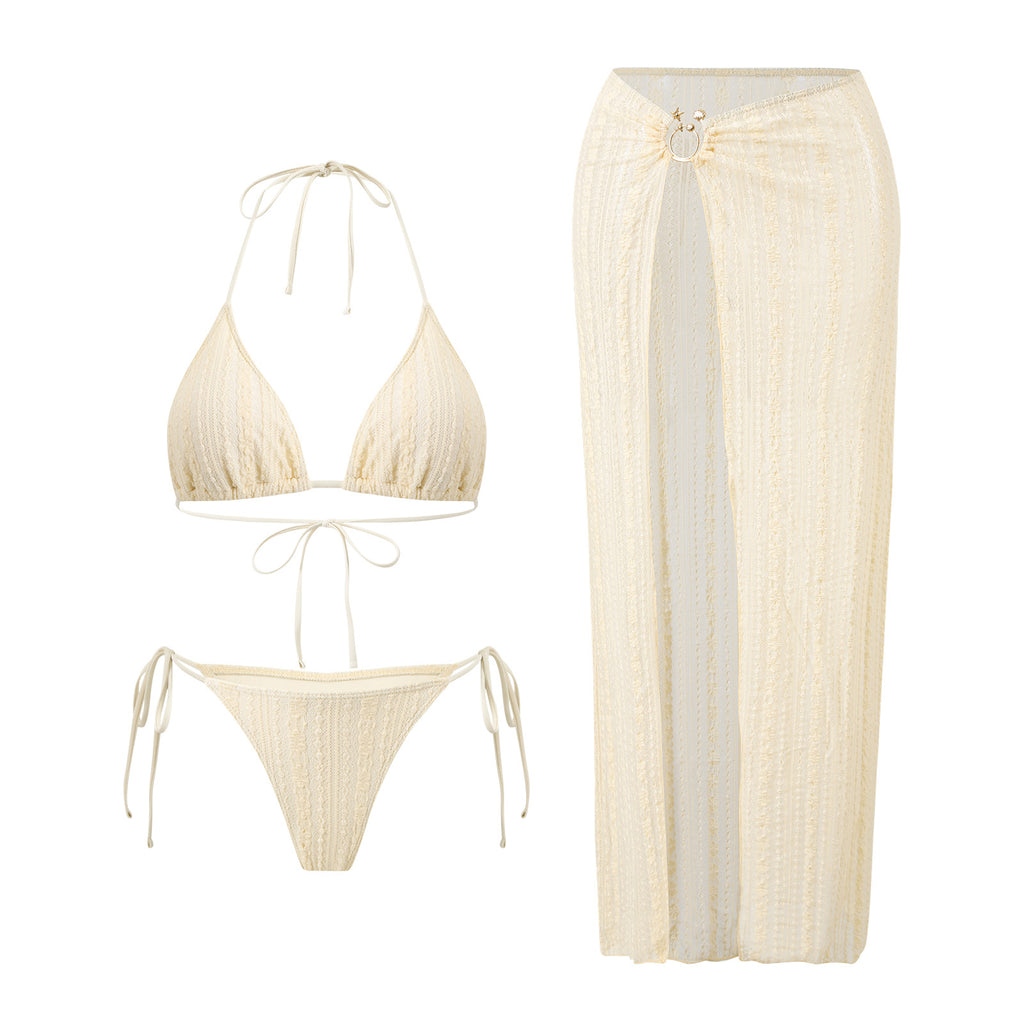 Bikini Lace Mesh Dress Three-Piece Set Sexy Halter Strap Vacation Swimwear Swimsuit