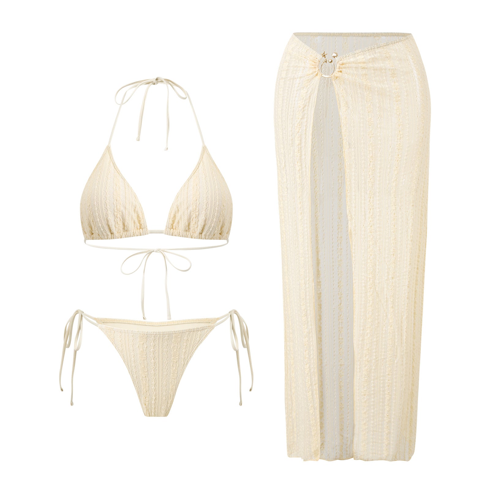 Bikini Lace Mesh Dress Three-Piece Set Sexy Halter Strap Vacation Swimwear Swimsuit