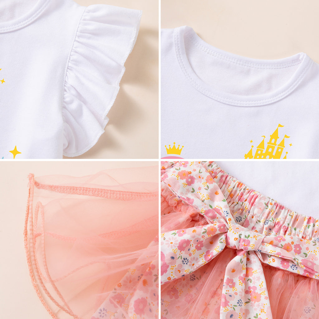 Girls Summer Princess Print Flutter Sleeve T-Shirt and Mesh Skirt Set, Baby Festival Party Outfit Two-Piece Set