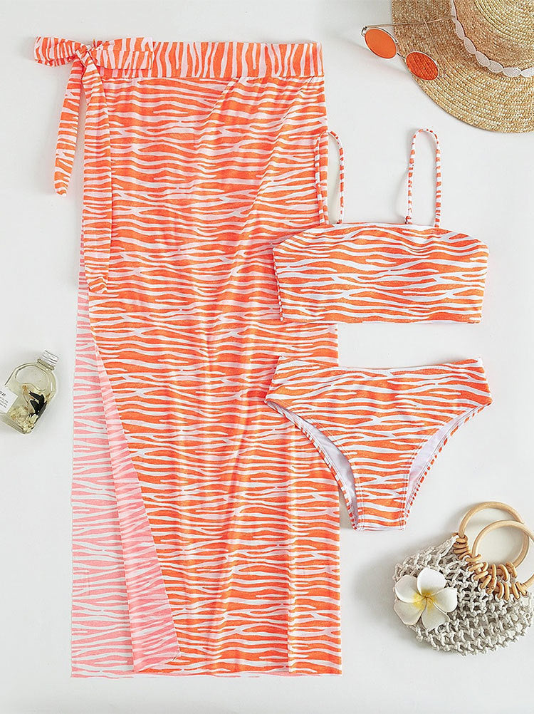 Sexy Three-Piece Bikini Swimwear with High-Slit Long Skirt, Striped Design