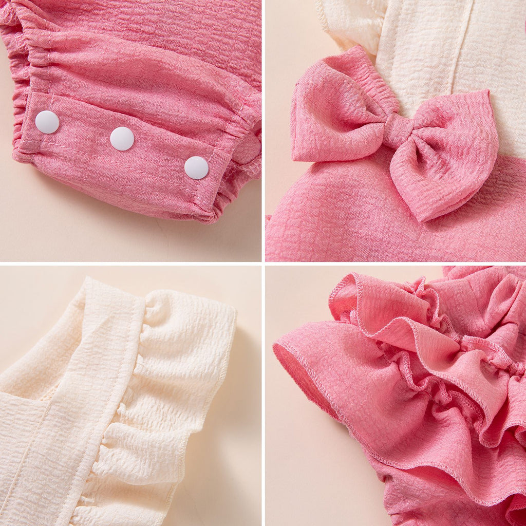 Baby Heart Bow Flutter Sleeve Romper for Girls, Summer Back Crossed Snap Onesie, Children's Clothing