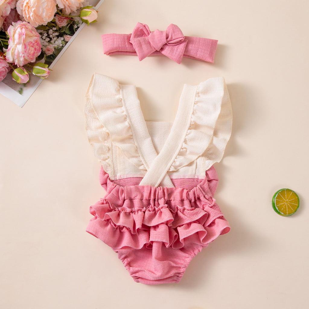 Baby Heart Bow Flutter Sleeve Romper for Girls, Summer Back Crossed Snap Onesie, Children's Clothing