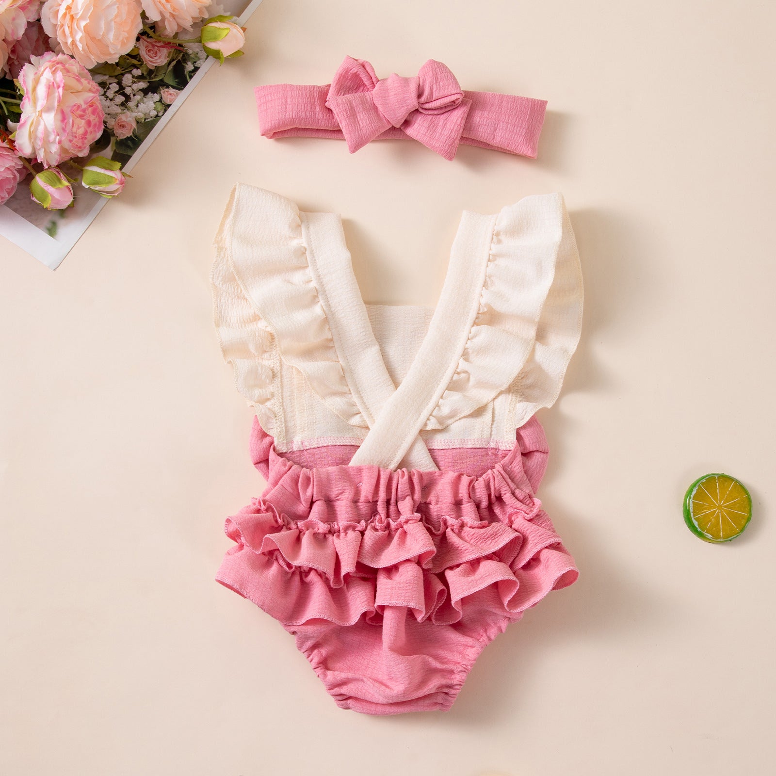 Baby Heart Bow Flutter Sleeve Romper for Girls, Summer Back Crossed Snap Onesie, Children's Clothing