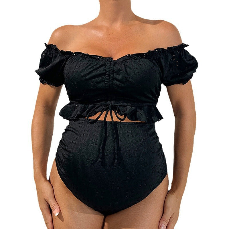 Tummy-Covering Separated Swimwear for Women, Solid Color Short Sleeve Bikini Two-Piece Swimsuit
