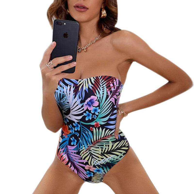 Sexy Printed Strapless One-Piece Swimsuit with High-Waisted Bikini Bottoms for Women