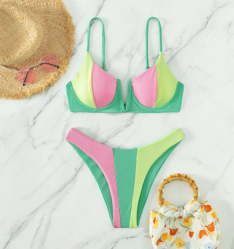 Stylish Patchwork Underwire Bikini Two-Piece Swimwear for Women