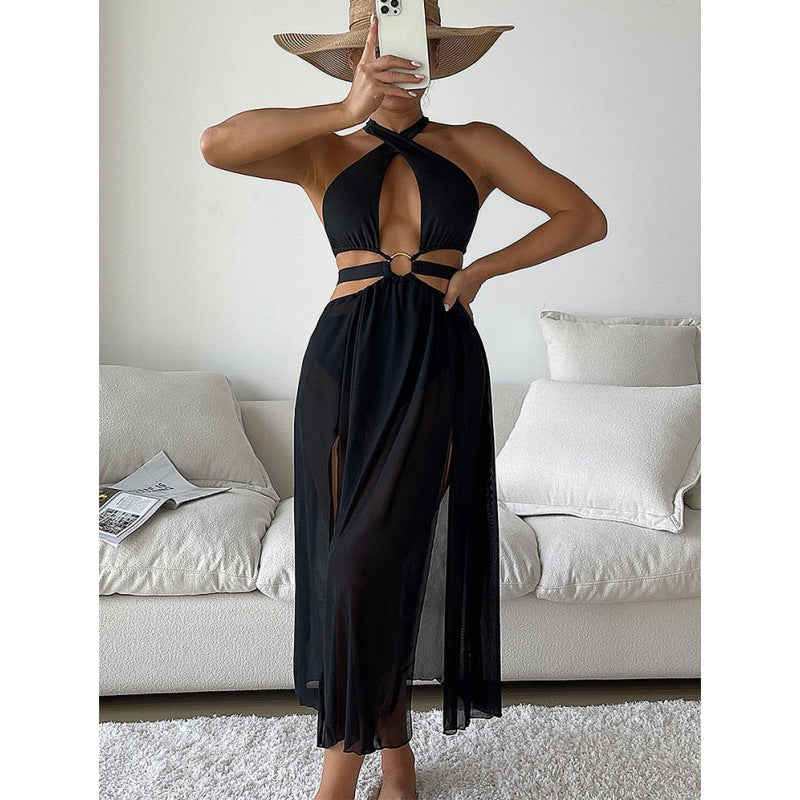 One-Piece Swimsuit for Women Solid Color Sexy Hollow Bikini Beach Mesh Long Dress Swimwear