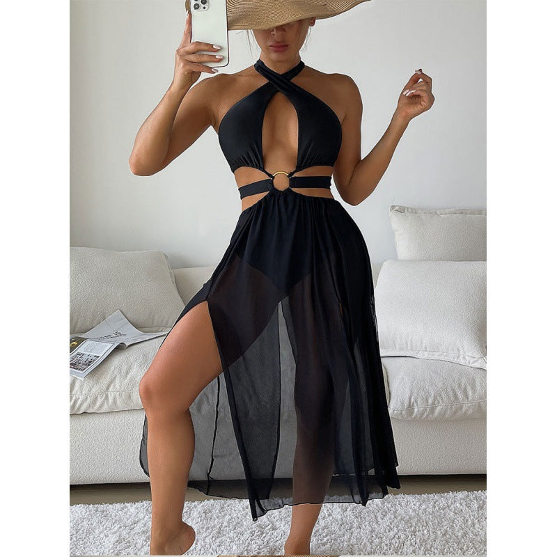 One-Piece Swimsuit for Women Solid Color Sexy Hollow Bikini Beach Mesh Long Dress Swimwear