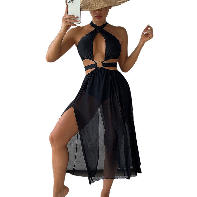 One-Piece Swimsuit for Women Solid Color Sexy Hollow Bikini Beach Mesh Long Dress Swimwear