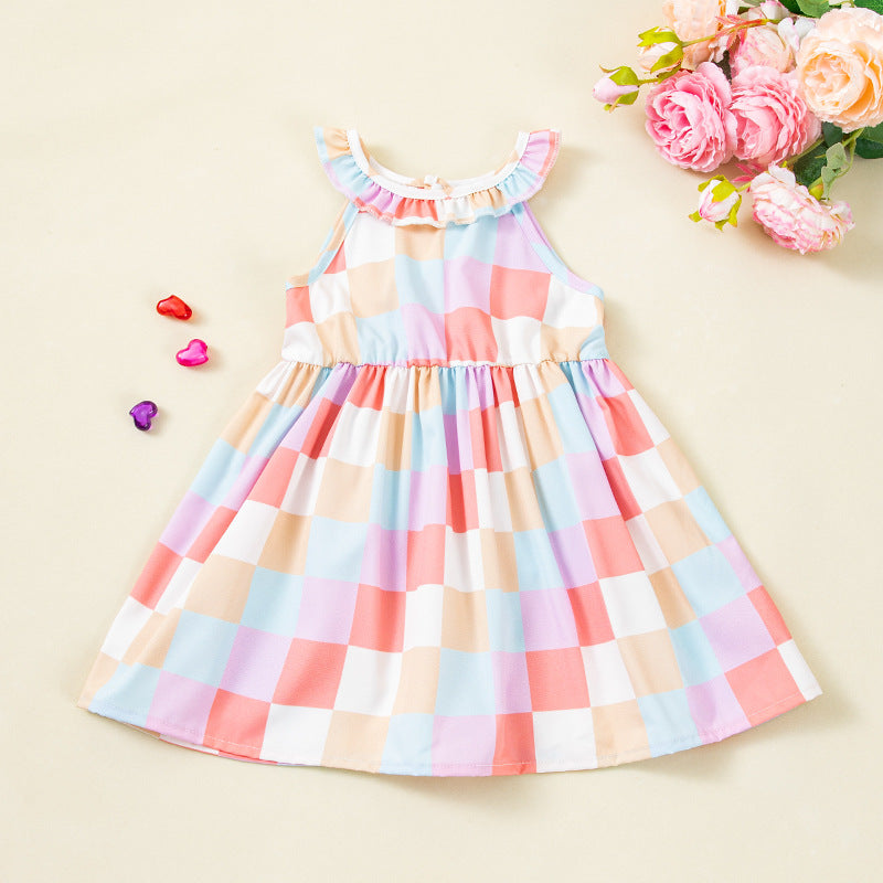 Girls Sleeveless Dress Summer Printed Checkered Dress for Little Girls, Baby Tank Top Dress, Strap Princess Dress