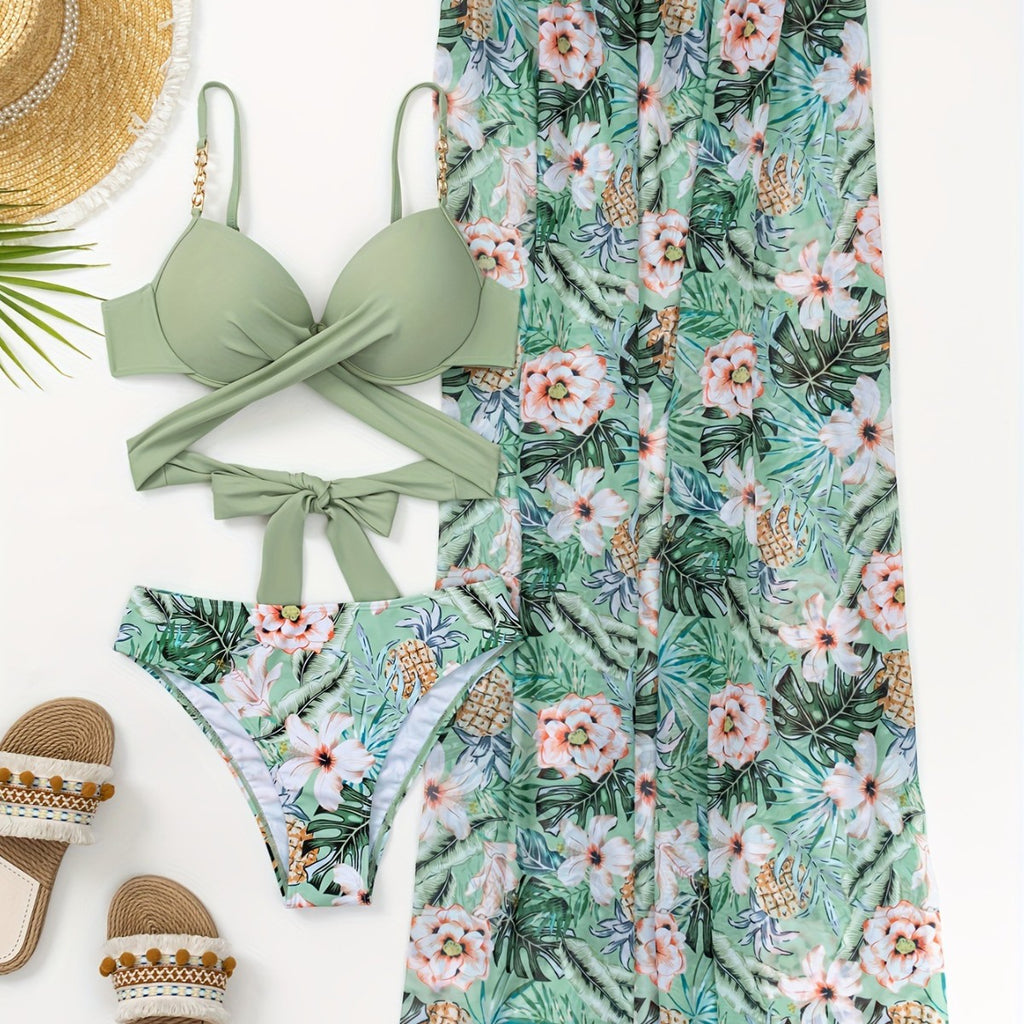 Flower print triangle pants slit mesh long skirt beach swimsuit three piece set