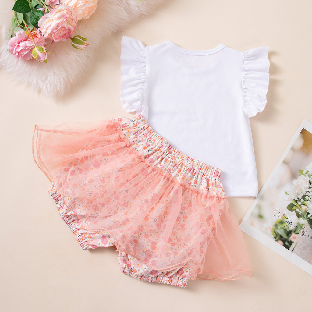 Girls Summer Princess Print Flutter Sleeve T-Shirt and Mesh Skirt Set, Baby Festival Party Outfit Two-Piece Set
