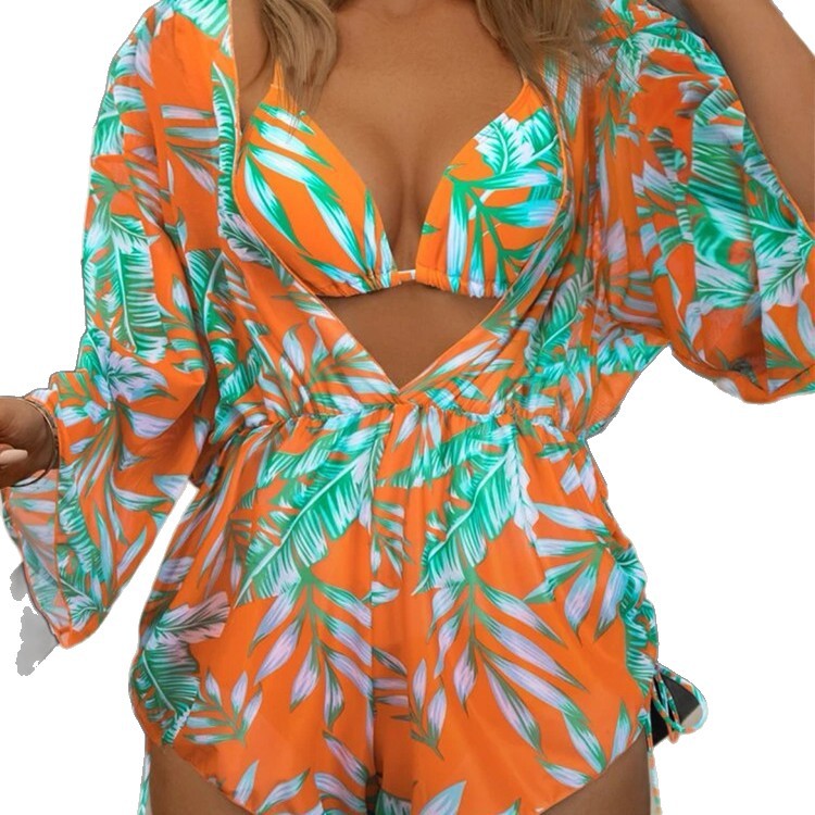 Deep V-long sleeved mesh jumpsuit printed neck tie bikini three piece set