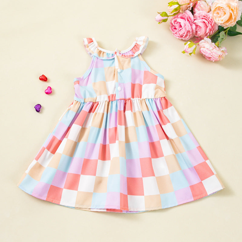 Girls Sleeveless Dress Summer Printed Checkered Dress for Little Girls, Baby Tank Top Dress, Strap Princess Dress