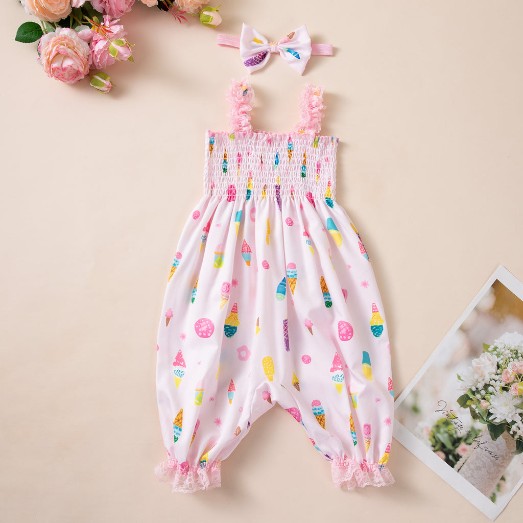 Baby Girls Summer Lightweight Strappy Romper with Lantern Pants and Floral Headband Set