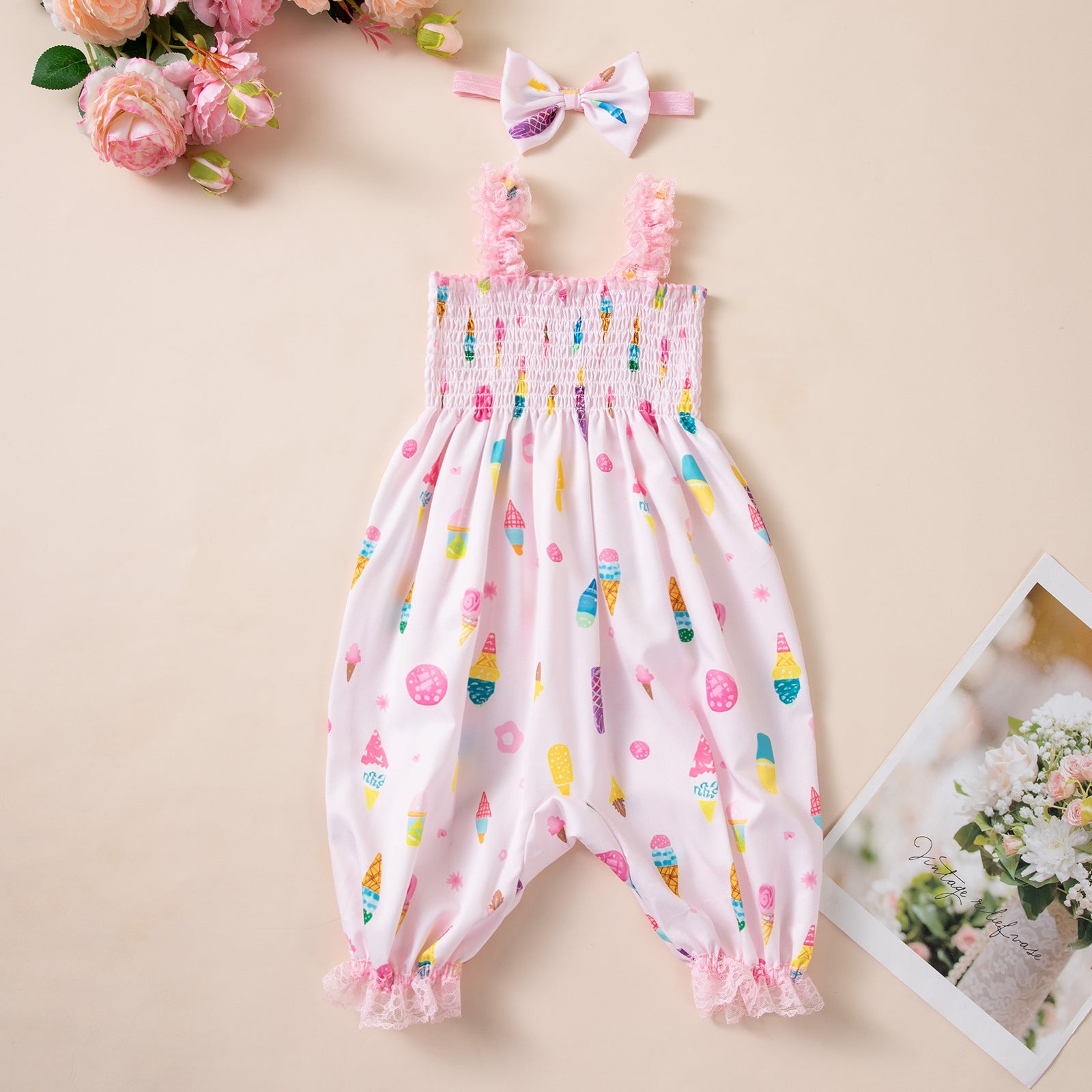 Baby Girls Summer Lightweight Strappy Romper with Lantern Pants and Floral Headband Set