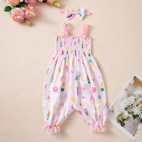 Baby Girls Summer Lightweight Strappy Romper with Lantern Pants and Floral Headband Set