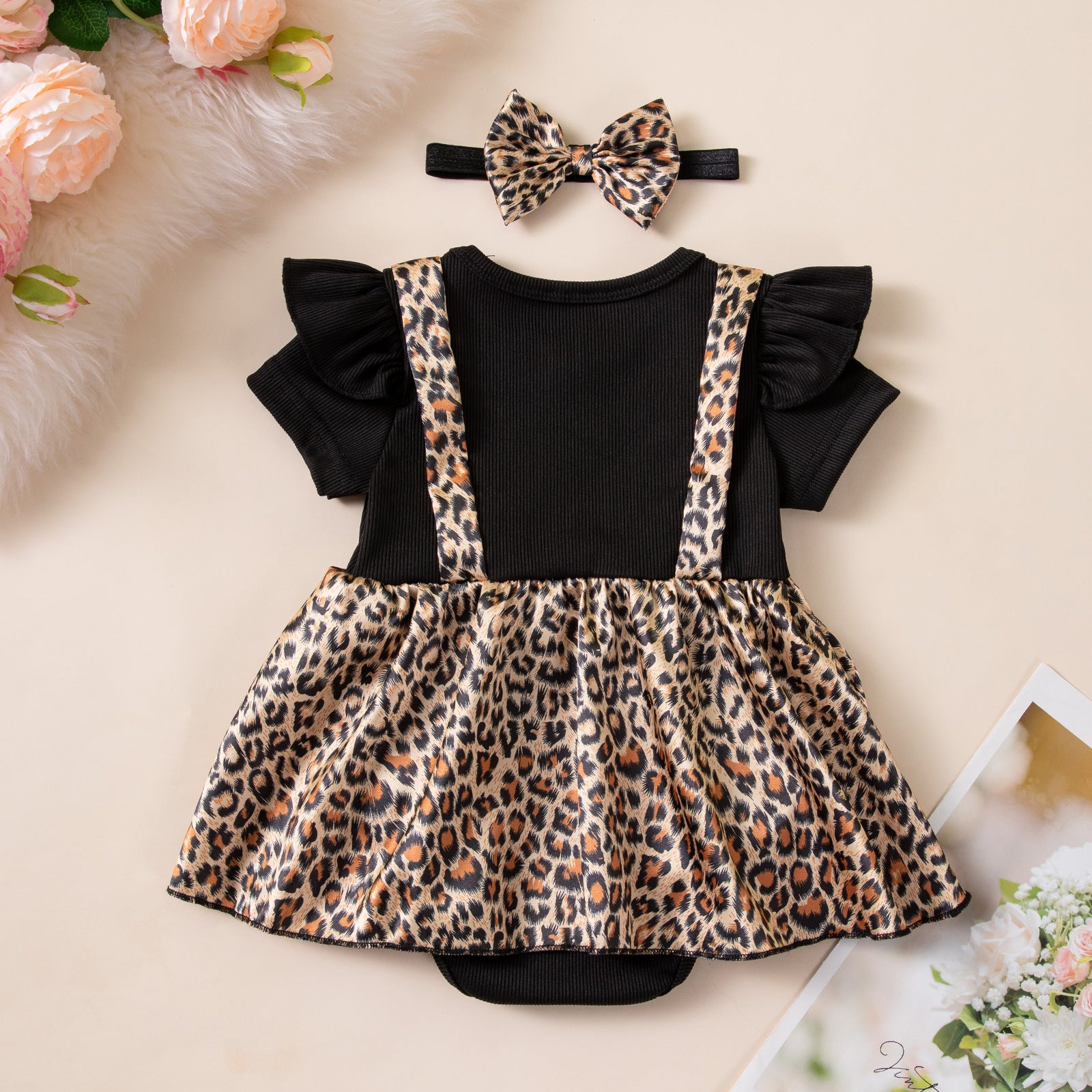 Baby Summer Outfit Girl Leopard Print Spliced Romper Dress with Bow Hairband Two-Piece Set Baby First Birthday Photo Princess Costume