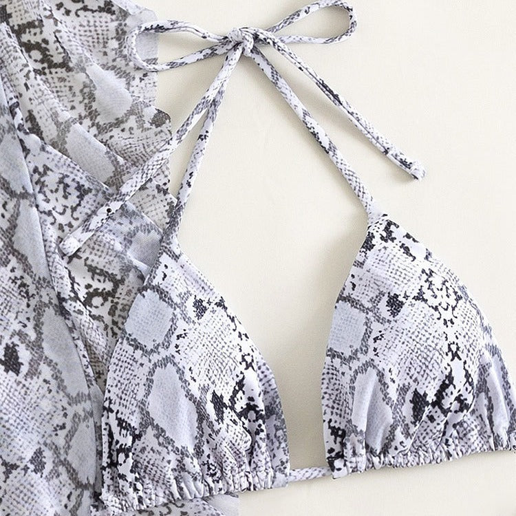 Backless Halter Snake Print Mesh Long Pants Three-Piece Swimsuit for Women