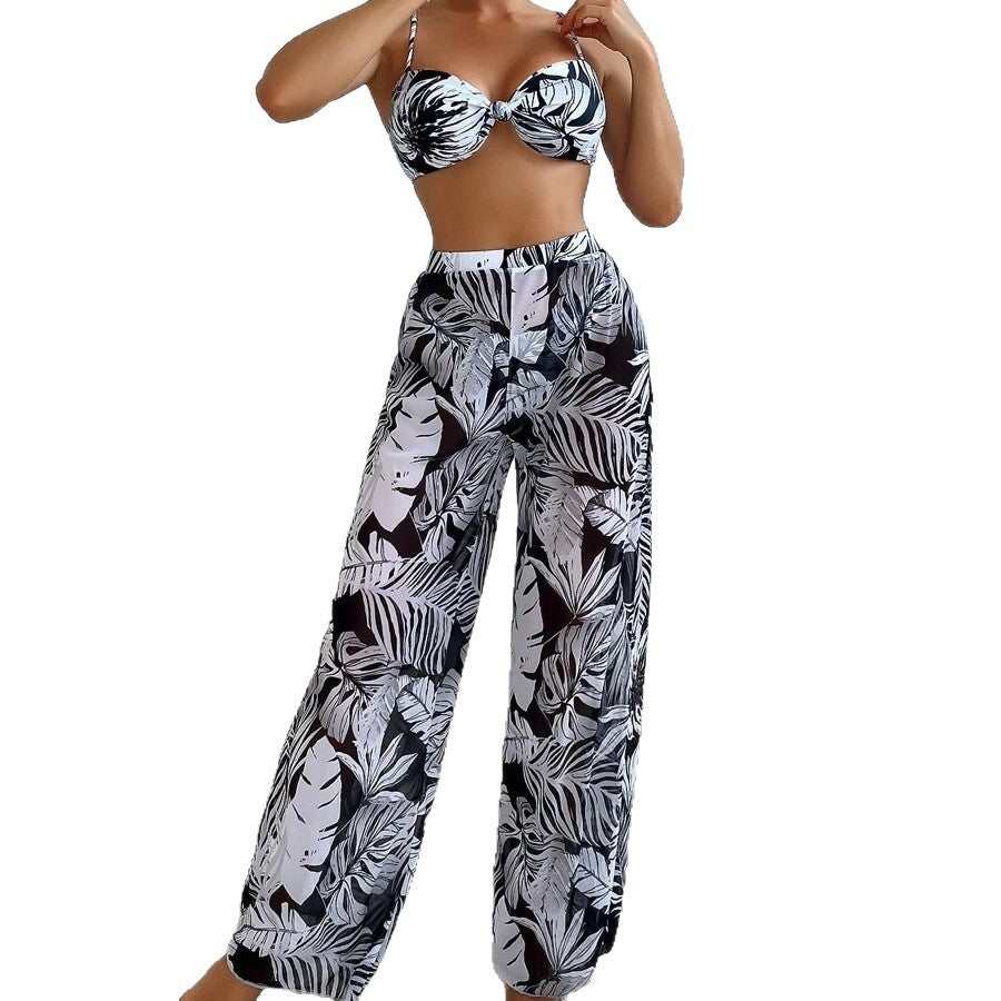 Plant printed thin shoulder strap bikini mesh long pants swimsuit