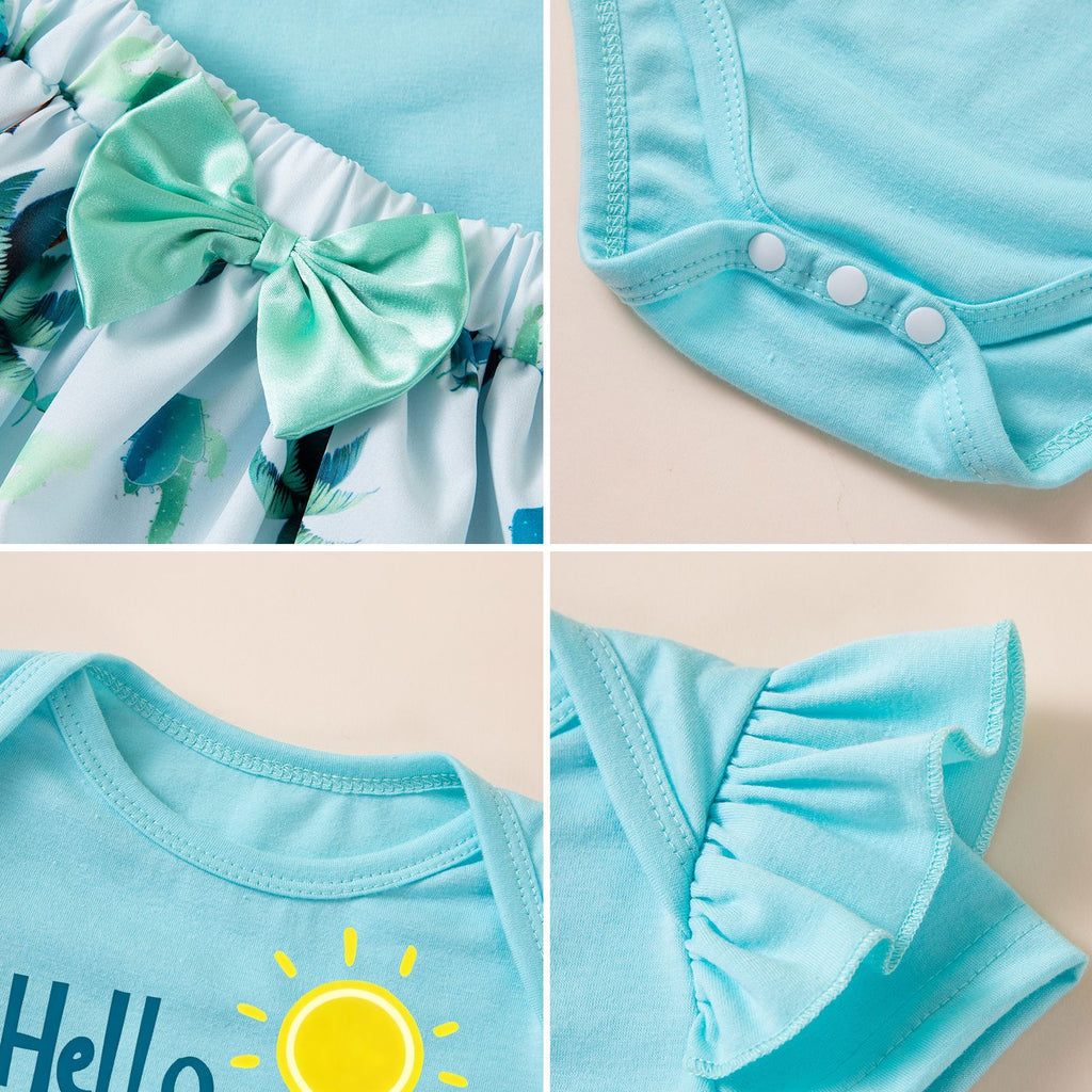 Children's Clothing for Girls Summer Beach-Style Three-Piece Set Short Sleeve Romper Coconut Tree Skirt Headband Set