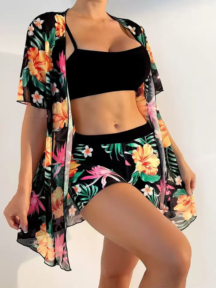 Flower print flat corner pants bikini mesh cardigan half sleeved cover up three piece set