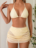 Mesh skirt beige small floral split swimsuit for women