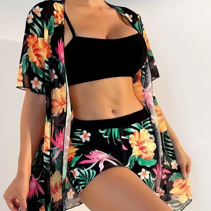Flower print flat corner pants bikini mesh cardigan half sleeved cover up three piece set