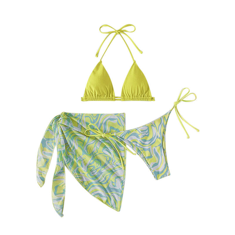 strappy mesh three-piece bikini halter neck beach swimsuit for women