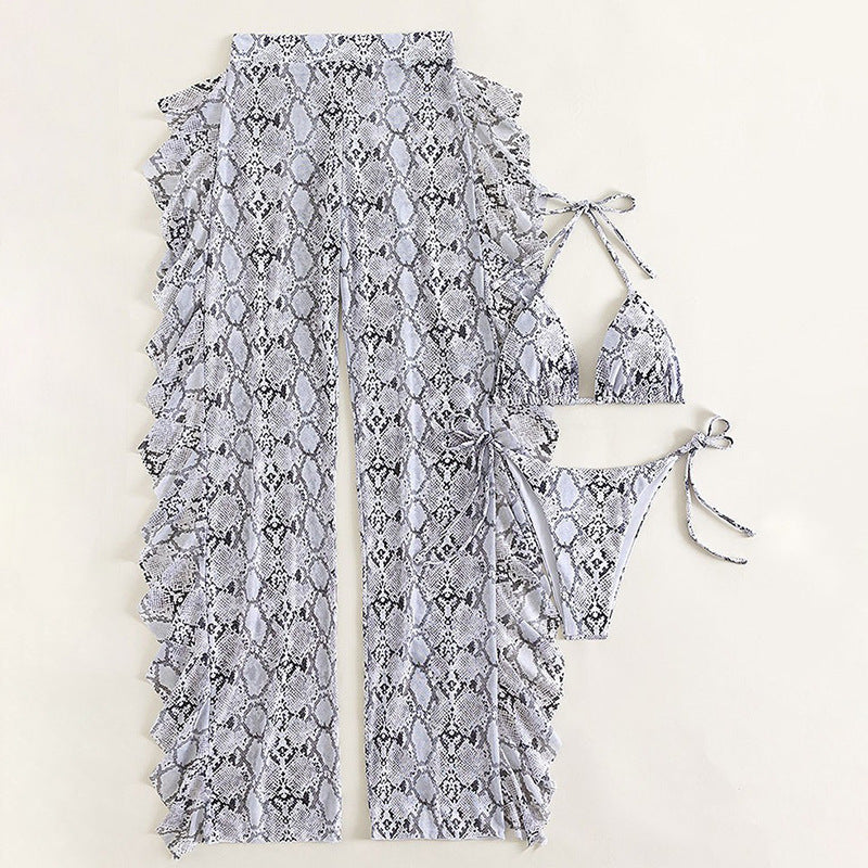 Backless Halter Snake Print Mesh Long Pants Three-Piece Swimsuit for Women