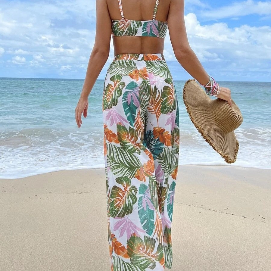 Plant printed thin shoulder strap bikini mesh long pants swimsuit