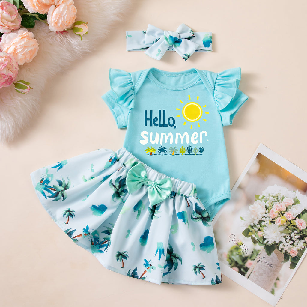 Children's Clothing for Girls Summer Beach-Style Three-Piece Set Short Sleeve Romper Coconut Tree Skirt Headband Set