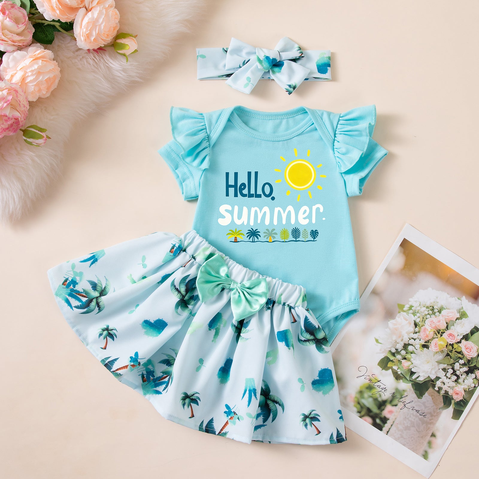 Children's Clothing for Girls Summer Beach-Style Three-Piece Set Short Sleeve Romper Coconut Tree Skirt Headband Set