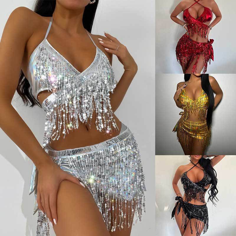 Women's Solid Color Sequin Fringe Bikini Set