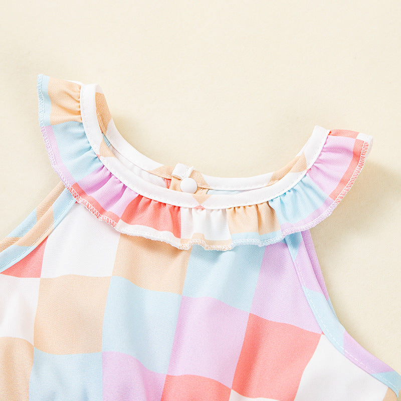 Girls Sleeveless Dress Summer Printed Checkered Dress for Little Girls, Baby Tank Top Dress, Strap Princess Dress