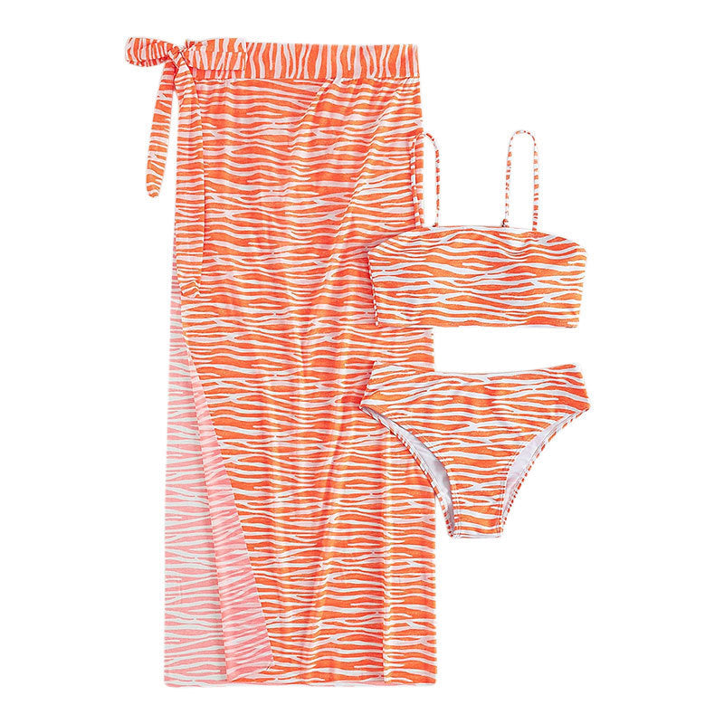 Sexy Three-Piece Bikini Swimwear with High-Slit Long Skirt, Striped Design