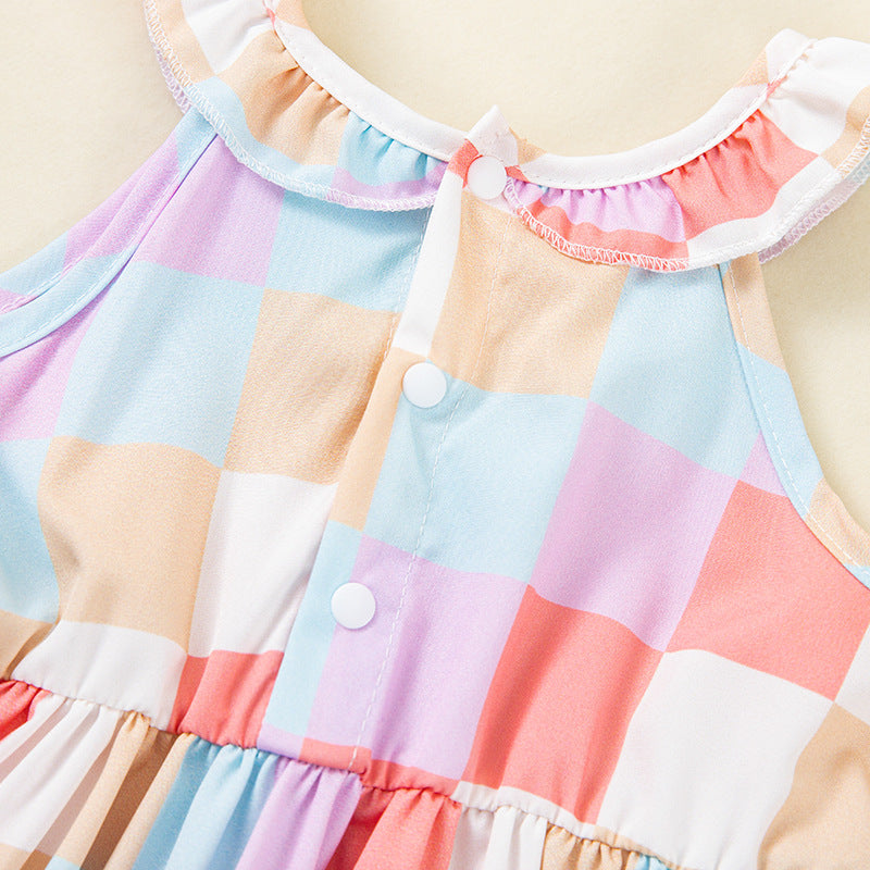 Girls Sleeveless Dress Summer Printed Checkered Dress for Little Girls, Baby Tank Top Dress, Strap Princess Dress