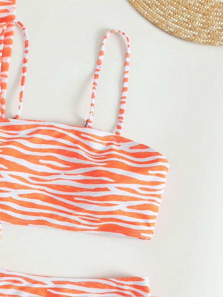 Sexy Three-Piece Bikini Swimwear with High-Slit Long Skirt, Striped Design