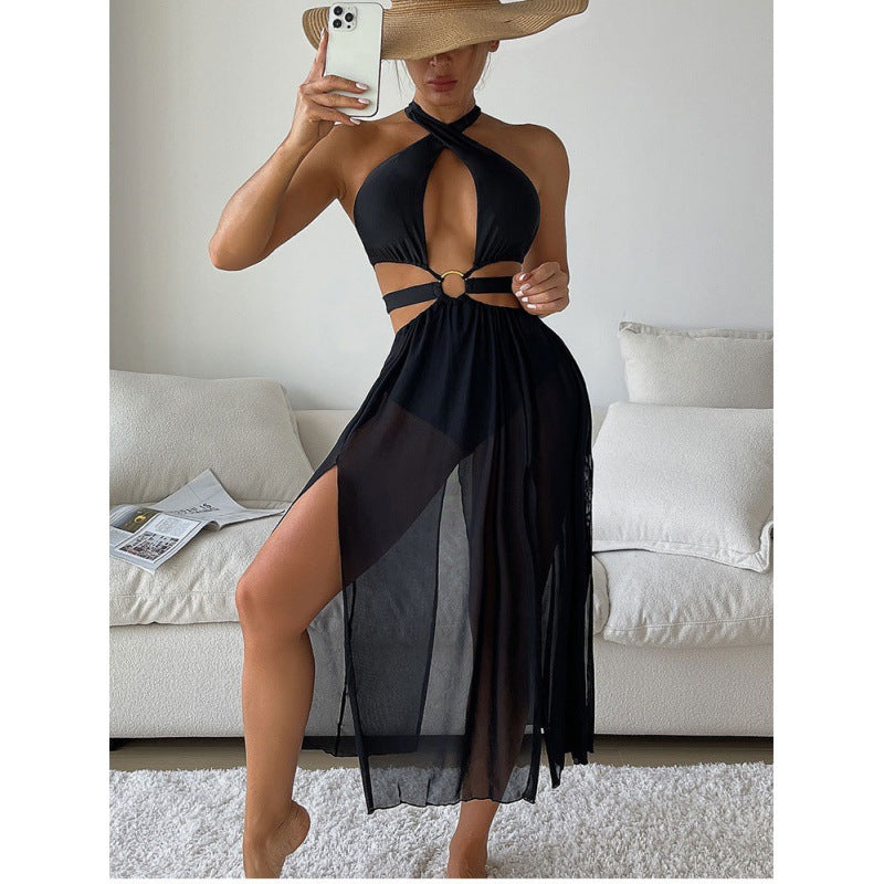 One-Piece Swimsuit for Women Solid Color Sexy Hollow Bikini Beach Mesh Long Dress Swimwear