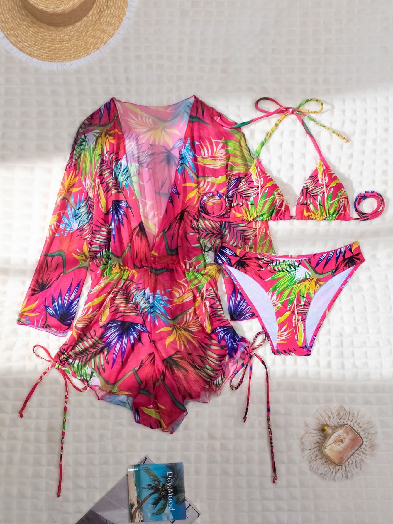 Deep V-long sleeved mesh jumpsuit printed neck tie bikini three piece set