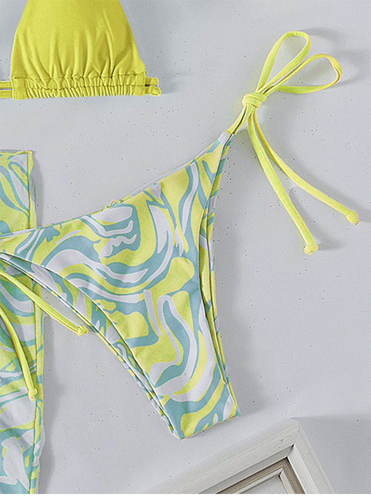 strappy mesh three-piece bikini halter neck beach swimsuit for women